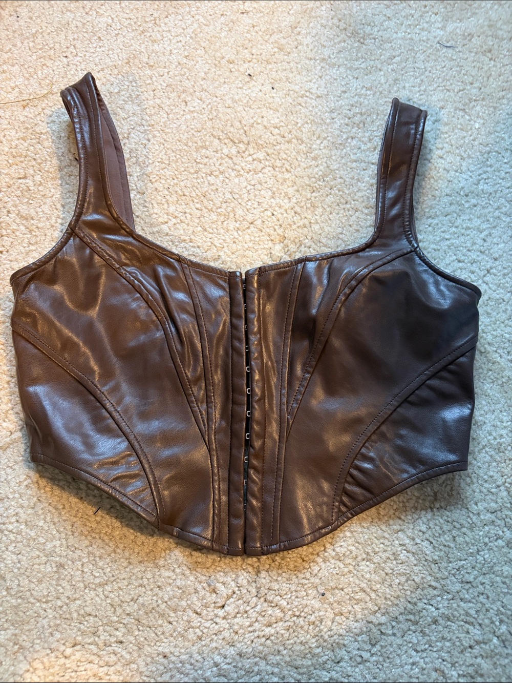 Windsor Brown Faux Leather Corset-Style Crop Top